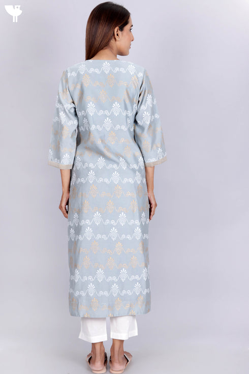 Chanderi Silk Kurta And Dupatta Set With Gold Block Print