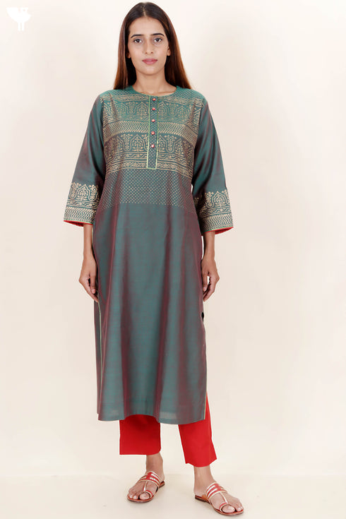 Chanderi Silk Kurta And Dupatta Set With Gold Block Print