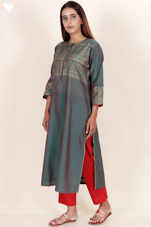 Chanderi Silk Kurta And Dupatta Set With Gold Block Print