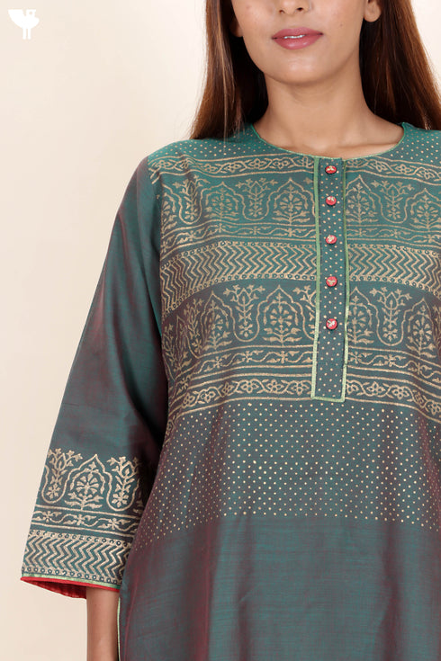 Chanderi Silk Kurta And Dupatta Set With Gold Block Print