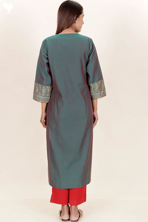 Chanderi Silk Kurta And Dupatta Set With Gold Block Print