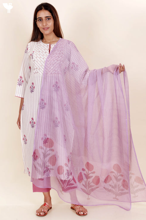 Khaadi Kurta With Kota Doria Dupattain Floral Block Print