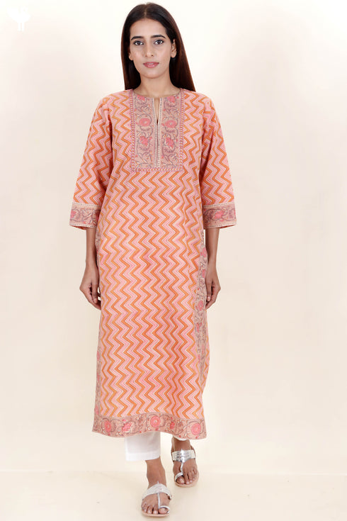 Terry Voile Kurta And Kota Dupatta Set In Block Print