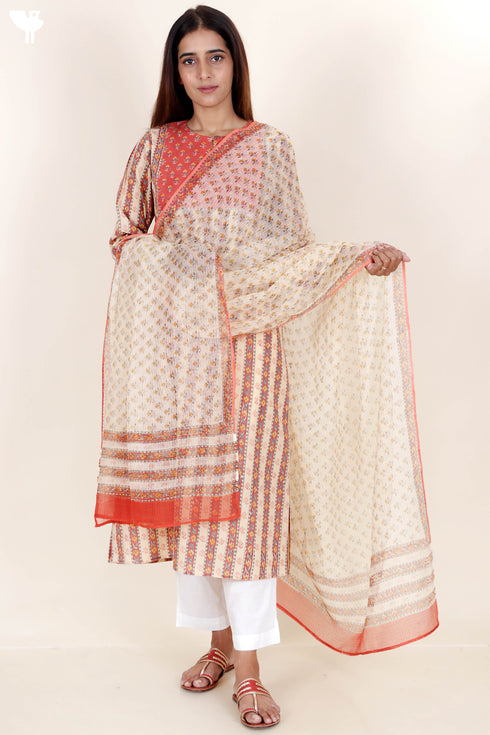 Terry Voile Kurta With Kota Dupatta In Floral Block Print