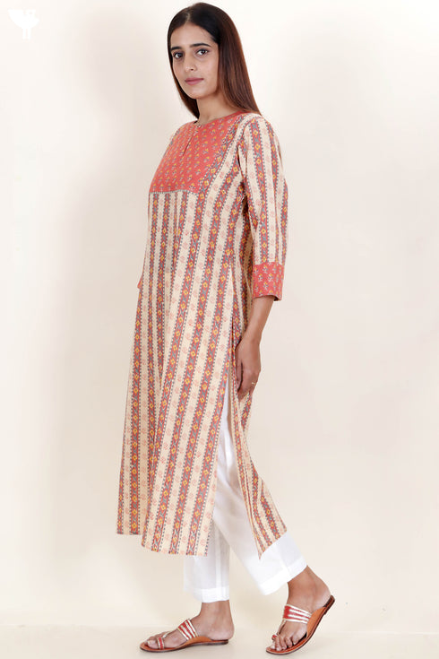 Terry Voile Kurta With Kota Dupatta In Floral Block Print