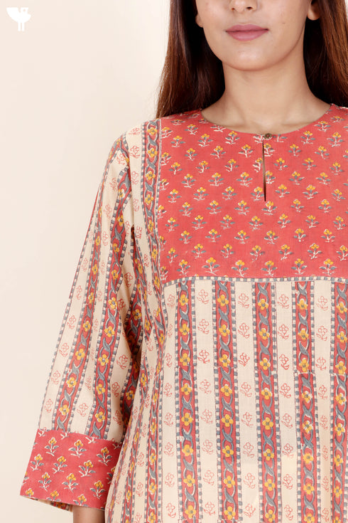 Terry Voile Kurta With Kota Dupatta In Floral Block Print