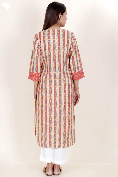 Terry Voile Kurta With Kota Dupatta In Floral Block Print