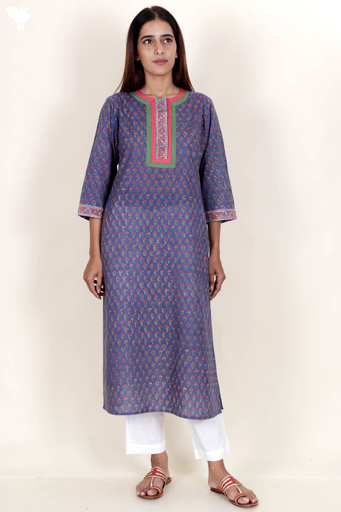 Terry Voile Kurta With Kota Dupatta In Floral Block Print