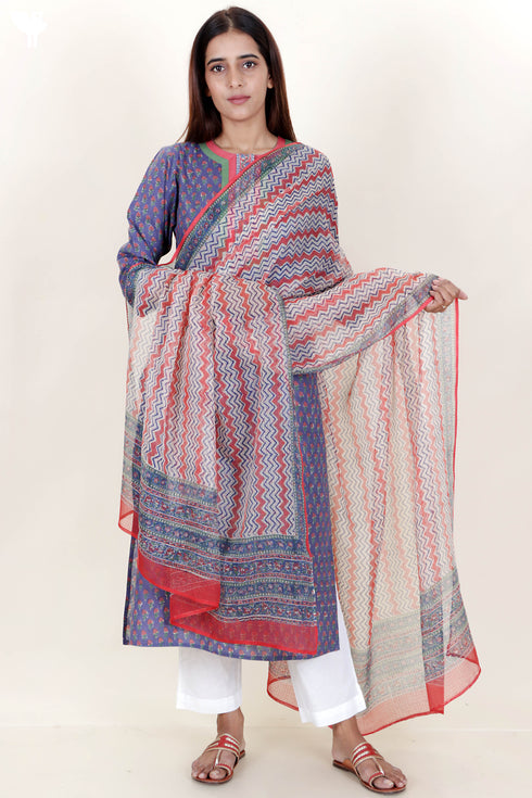 Terry Voile Kurta With Kota Dupatta In Floral Block Print