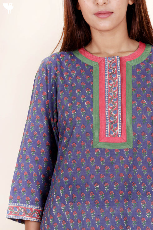 Terry Voile Kurta With Kota Dupatta In Floral Block Print
