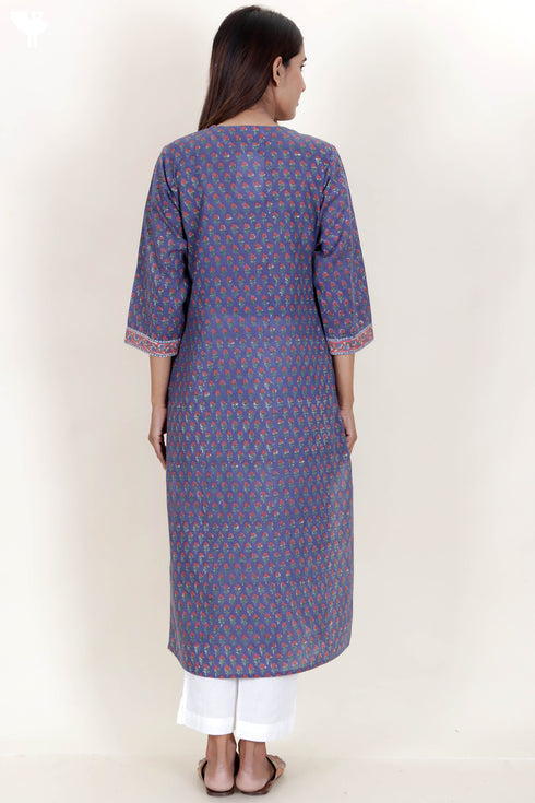 Terry Voile Kurta With Kota Dupatta In Floral Block Print