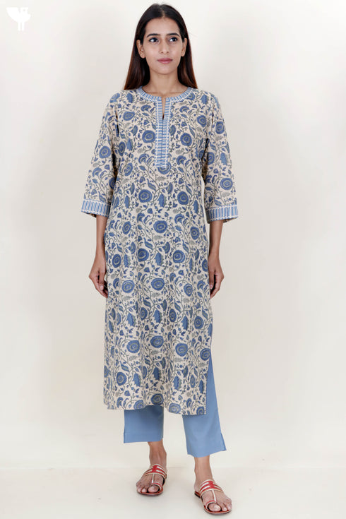 Terry Voile Kurta With Kota Dupatta In Floral Block Print