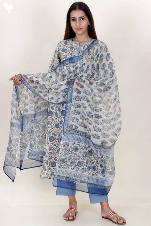 Terry Voile Kurta With Kota Dupatta In Floral Block Print