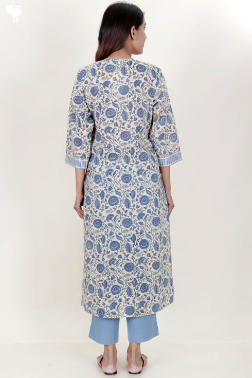 Terry Voile Kurta With Kota Dupatta In Floral Block Print