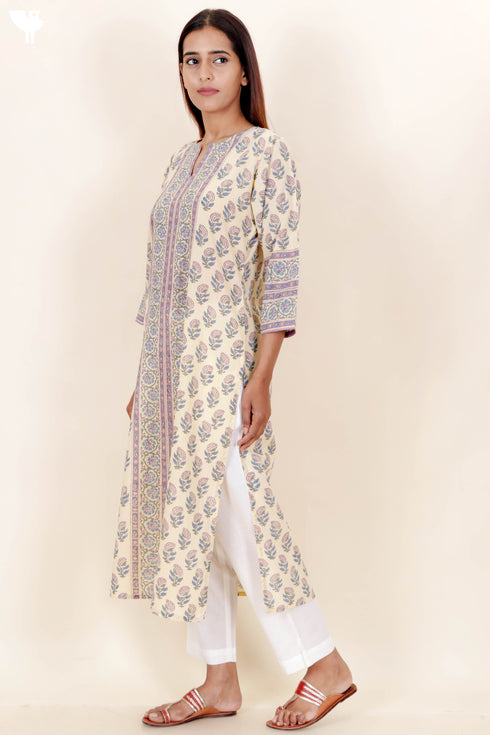 Terry Voile Kurta With Kota Dupatta In Floral Block Print
