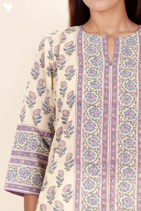 Terry Voile Kurta With Kota Dupatta In Floral Block Print