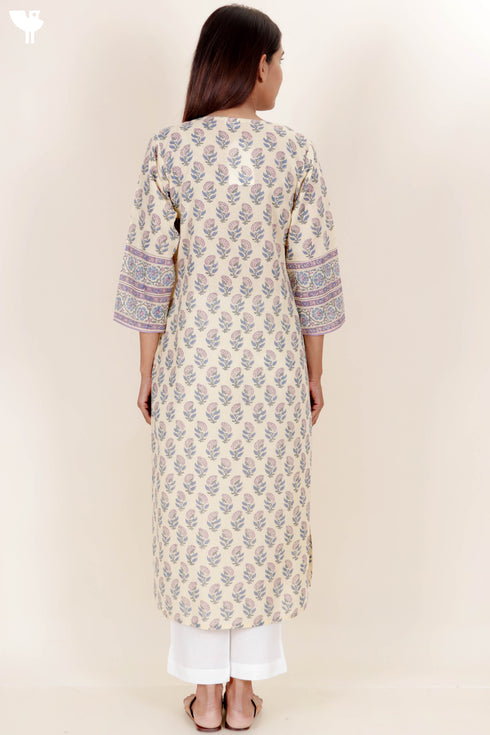 Terry Voile Kurta With Kota Dupatta In Floral Block Print