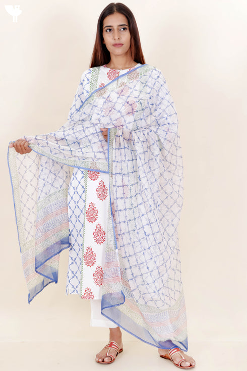 Cambric Cotton Kurta With Kota Dupatta In Floral Block Print