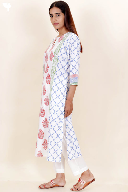 Cambric Cotton Kurta With Kota Dupatta In Floral Block Print