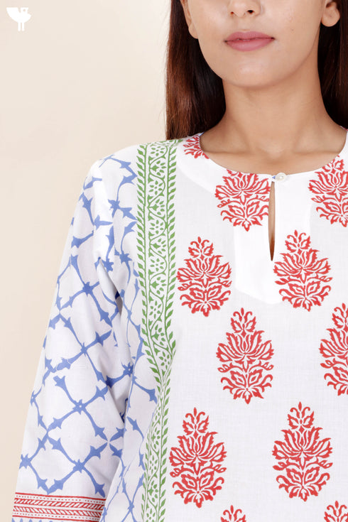 Cambric Cotton Kurta With Kota Dupatta In Floral Block Print