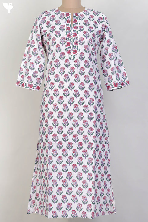Cambric Cotton Kurta In Floral Block Print