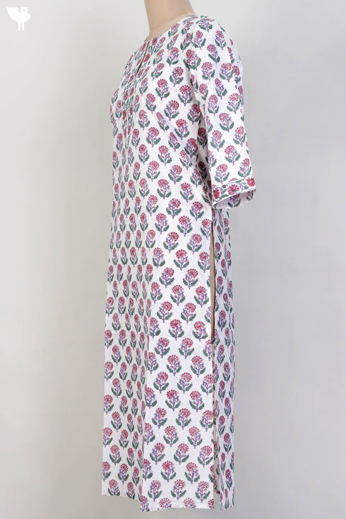 Cambric Cotton Kurta In Floral Block Print