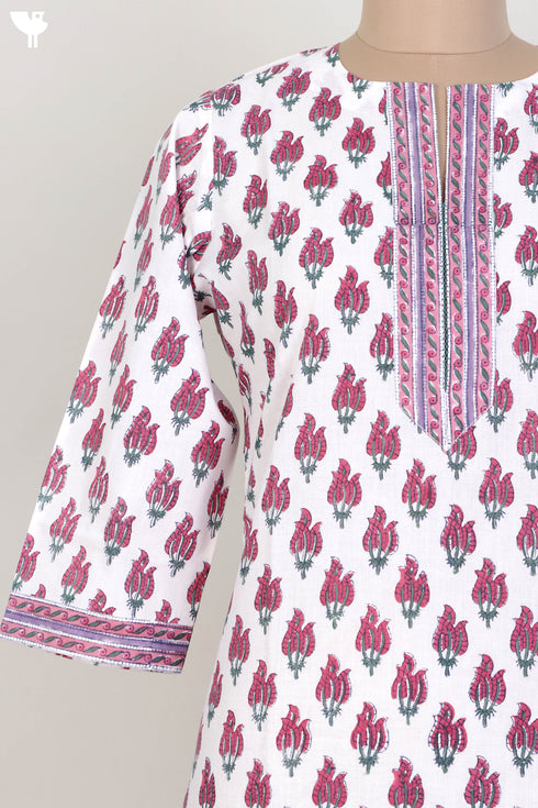 Cambric Cotton Kurta In Floral Block Print