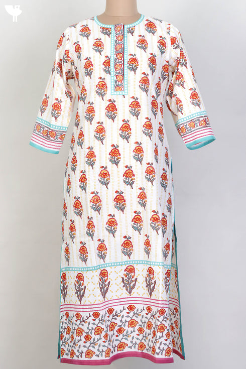 Cambric Cotton Kurta With Floral Block Print