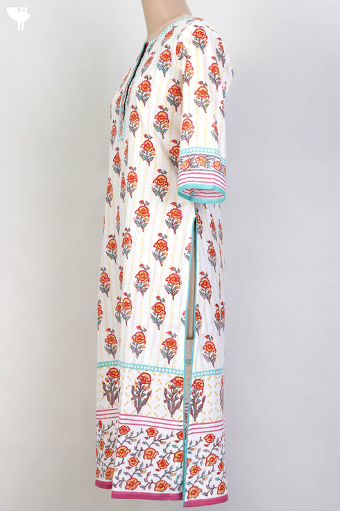 Cambric Cotton Kurta With Floral Block Print