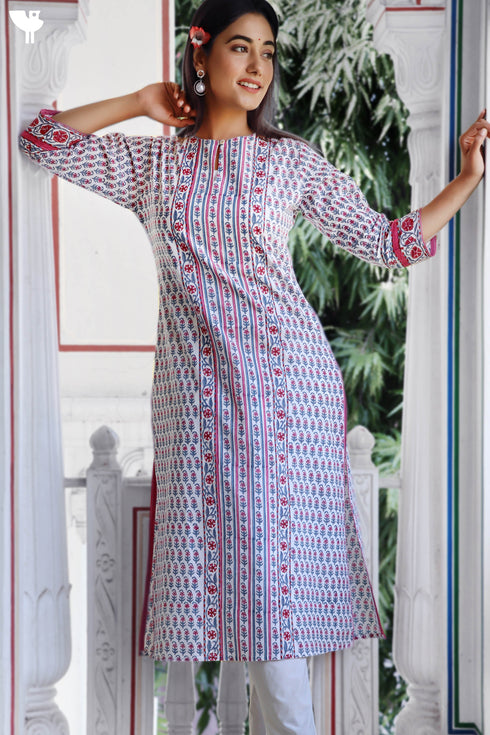 Cambric Cotton Paneled Kurta In Floral Block Print