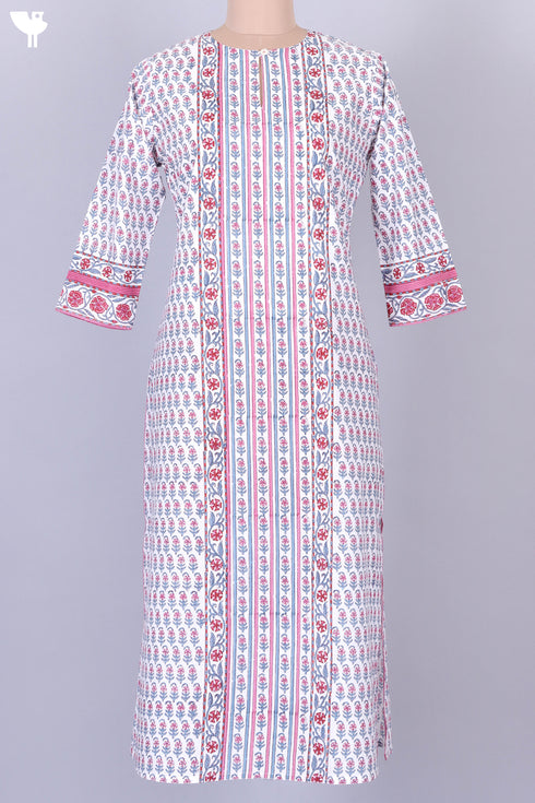 Cambric Cotton Paneled Kurta In Floral Block Print