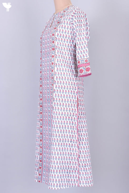 Cambric Cotton Paneled Kurta In Floral Block Print
