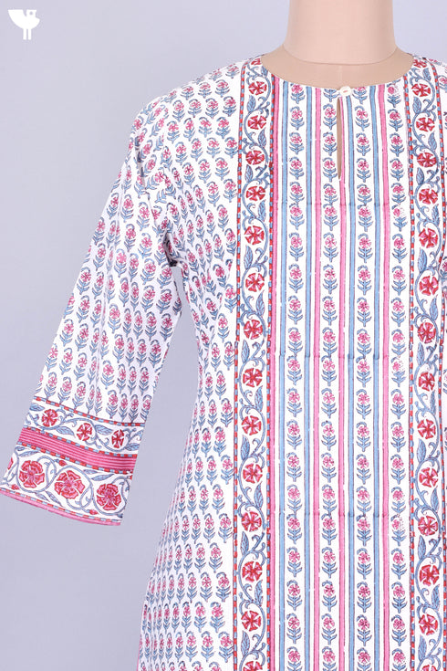Cambric Cotton Paneled Kurta In Floral Block Print
