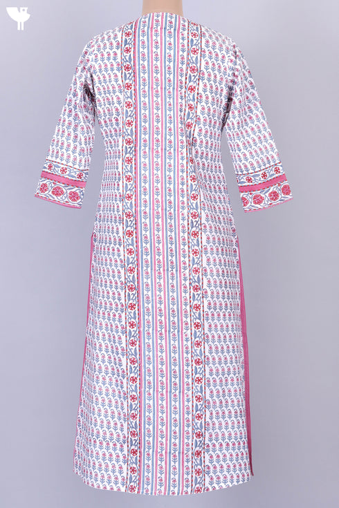 Cambric Cotton Paneled Kurta In Floral Block Print