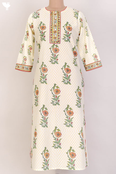 Cambric Cotton Paneled Kurta In Floral Block Print