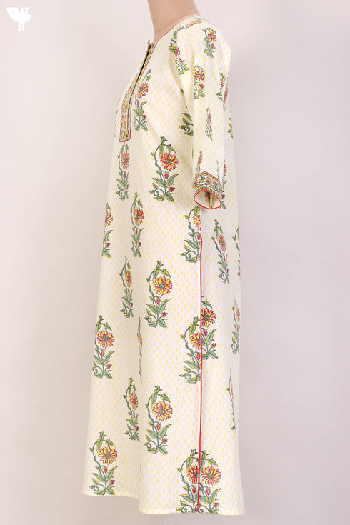Cambric Cotton Paneled Kurta In Floral Block Print