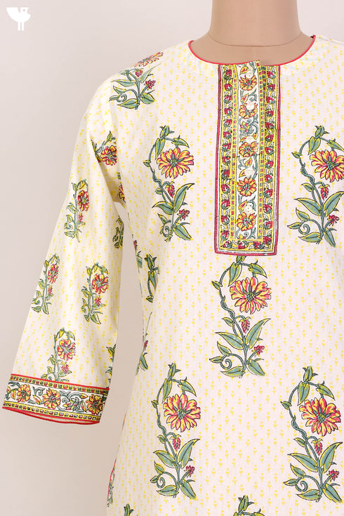 Cambric Cotton Paneled Kurta In Floral Block Print