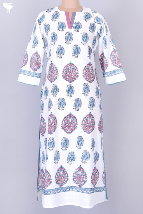 Slub Cotton Kurta In Paisley Block Print