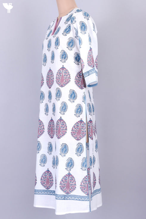 Slub Cotton Kurta In Paisley Block Print