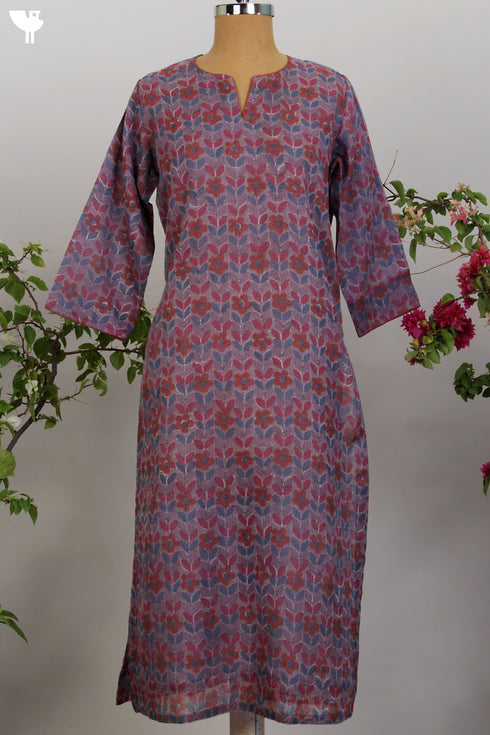 Kota Doria Kurta in Modern Floral Block Print
