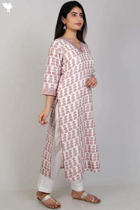Chanderi Silk Pintucked Kurta In Floral Block Print