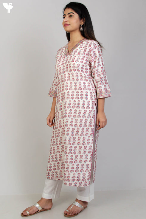 Chanderi Silk Pintucked Kurta In Floral Block Print