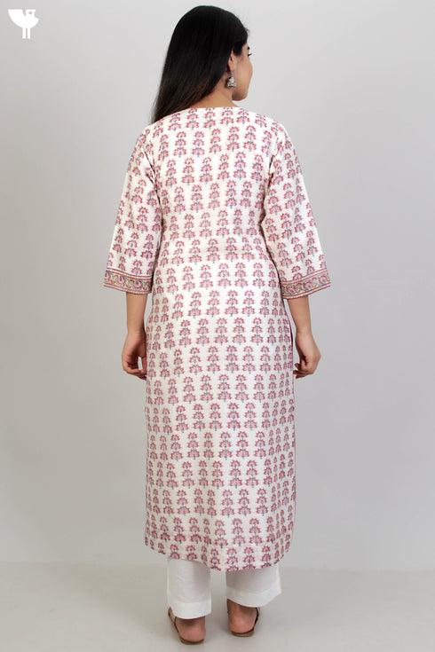 Chanderi Silk Pintucked Kurta In Floral Block Print