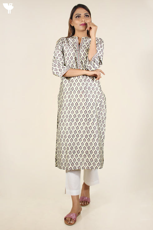 Chanderi Silk Kurta In Grey Floral Block Print