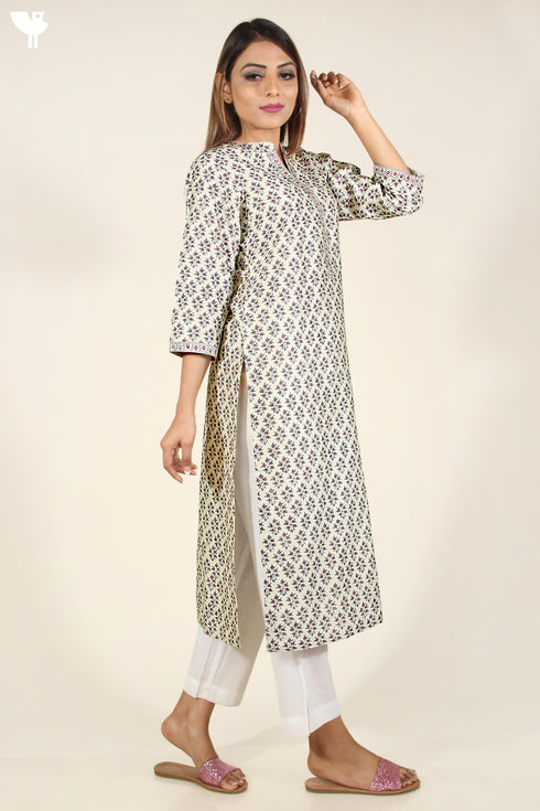 Chanderi Silk Kurta In Grey Floral Block Print
