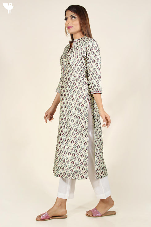 Chanderi Silk Kurta In Grey Floral Block Print