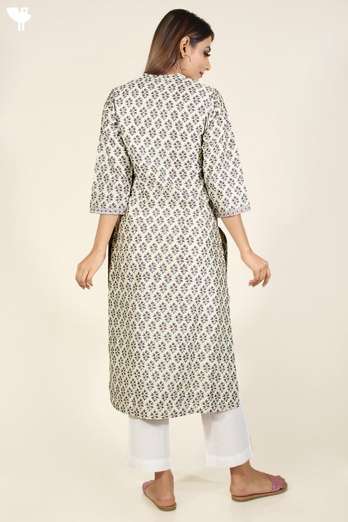 Chanderi Silk Kurta In Grey Floral Block Print