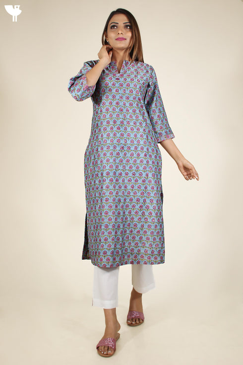 Chanderi Silk Kurta In Steel Blue And Magenta Floral Block Print
