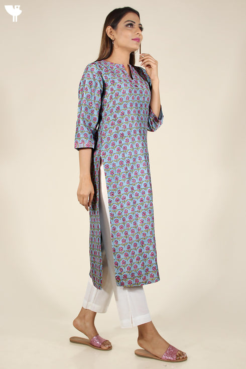Chanderi Silk Kurta In Steel Blue And Magenta Floral Block Print