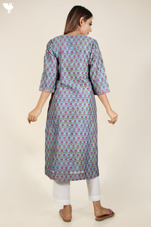 Chanderi Silk Kurta In Steel Blue And Magenta Floral Block Print